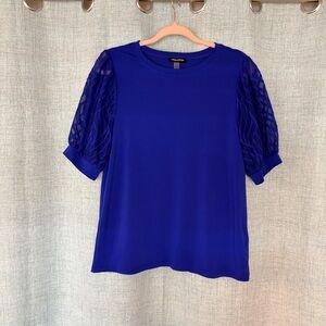 Cable & Gauge Royal Blue Puff Sleeve Blouse Sheer Textured Sleeves